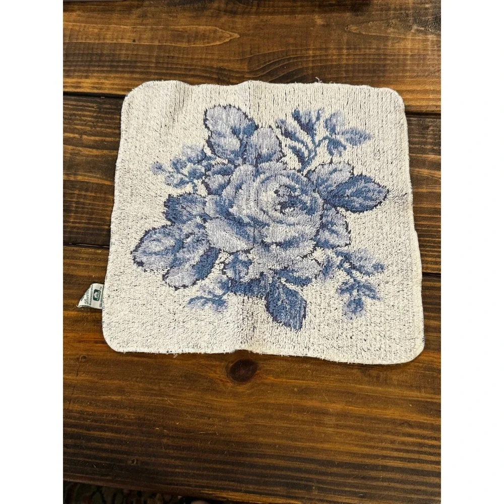 Vintage Laura Ashley Blue Floral Rose Washcloths Pair Cottage Shabby Chic Bath